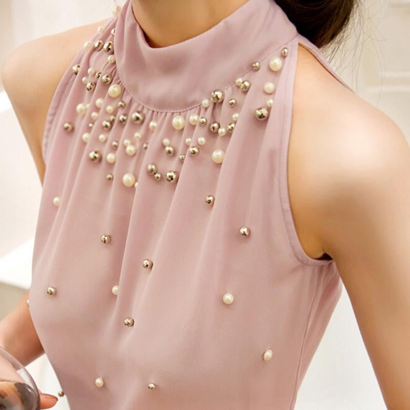 Women Beading Chiffon Shirt Fashion Sleeveless Women Chiffon Blouse Shirt Women Lace Tank Top