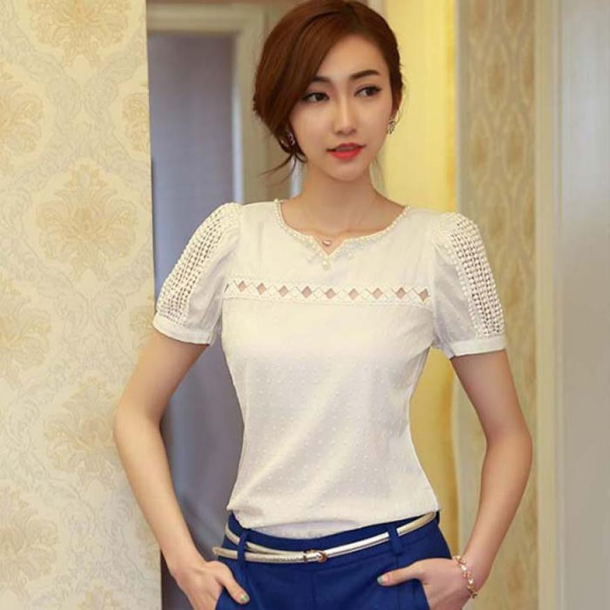 Summer woman short sleeve Vest Blouses girl Chiffon Shirt Solid V-Neck Casual Female Slim Hollow lace top Blusas slim camisa 2xL-Dollar Bargains Online Shopping Australia