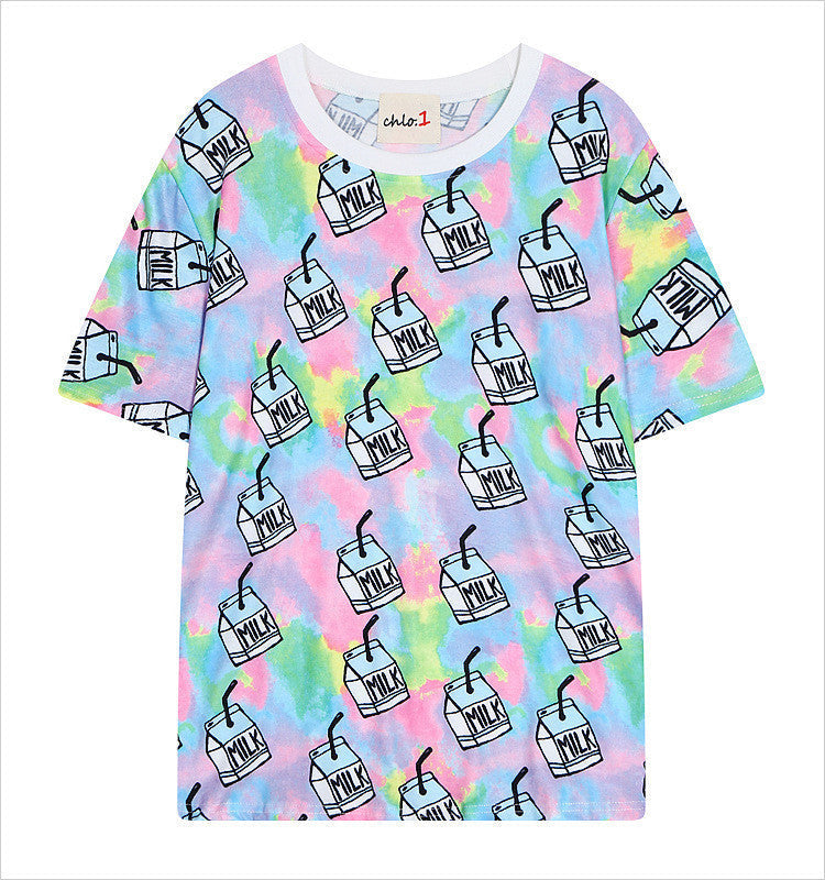 Harajuku style milk digital printing short-sleeved loose Tee