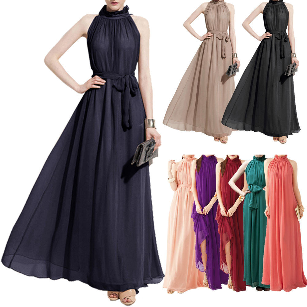 Online discount shop Australia - Bohemian Style Summer Women's Chiffon Long Maxi Dresses Halter Neck Sleeveless Beach Dress BS88