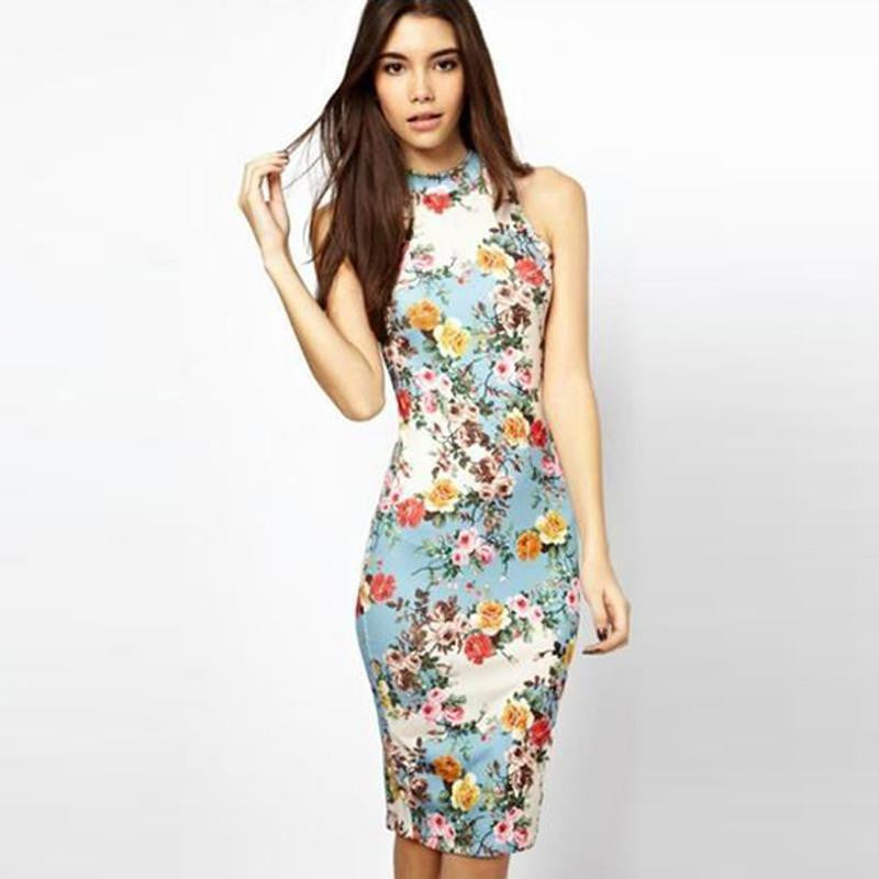 Women Vintage Sleeveless Floral Print Bodycon Bandage Pencil Evening Party Midi Dresses 1888