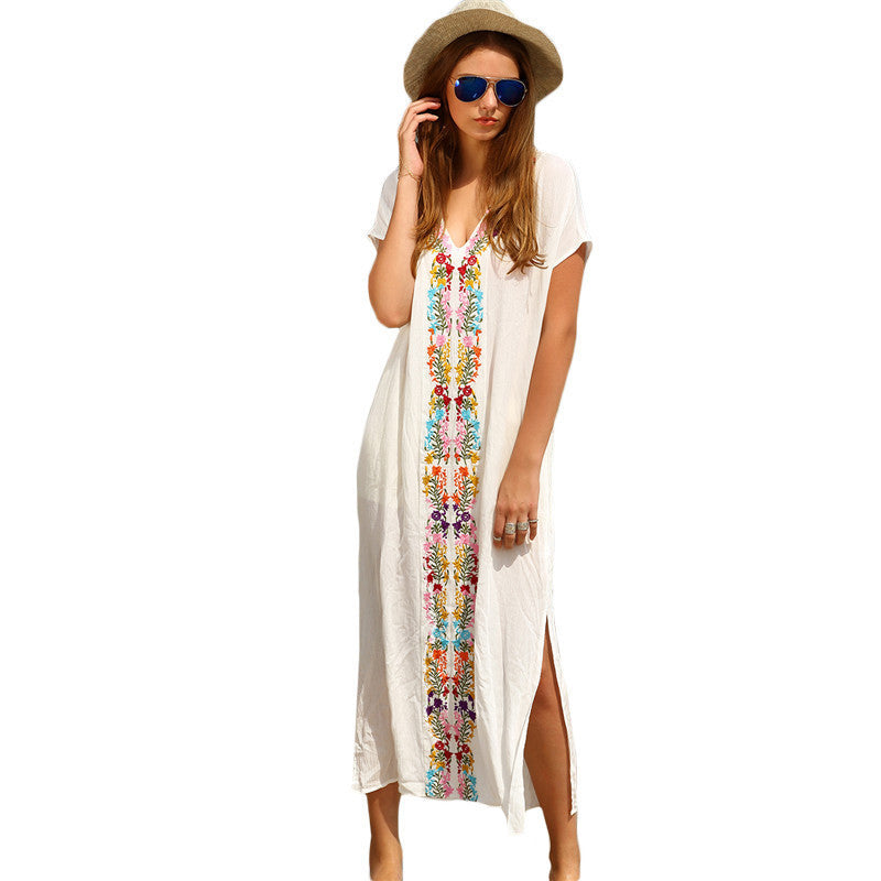 Online discount shop Australia - Beach Long Dresses For Women White Embroidery V Neck Short Sleeve Placement Print Split Side Maxi Dress