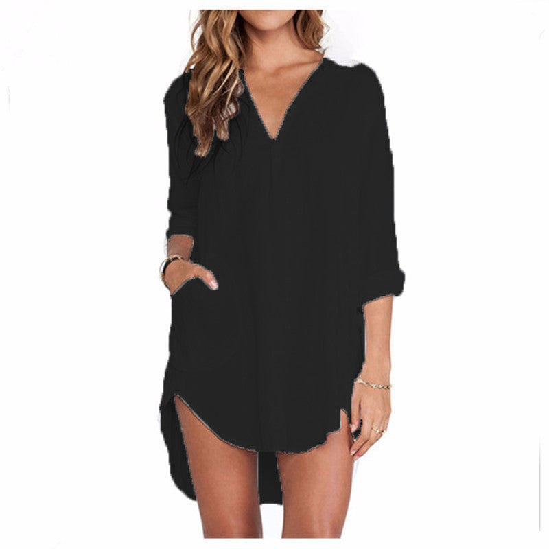 Sexy Women Sheer White Shirts Dress Long Sleeve Pocket Casual Blouse Tops Plus Size XS-6XL-Dollar Bargains Online Shopping Australia