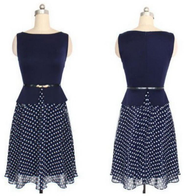 Summer Dress Dark Blue Polka Dot Dresses Garment Women Casual Dress Print Chiffon Ladies Elegant Ladies Wear