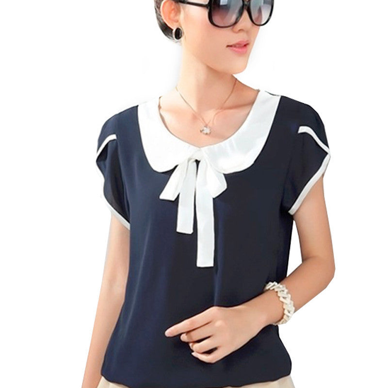 Online discount shop Australia - Bow Women shirt chiffon blouses plus size elegant body peter pan collar blouse blue blouse WC040