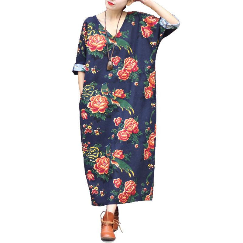 Women Dress Summer Linen V-neck Vintage Print Long-sleeve Loose-waist Hem Split Long Maxi Vintage Dress 0144