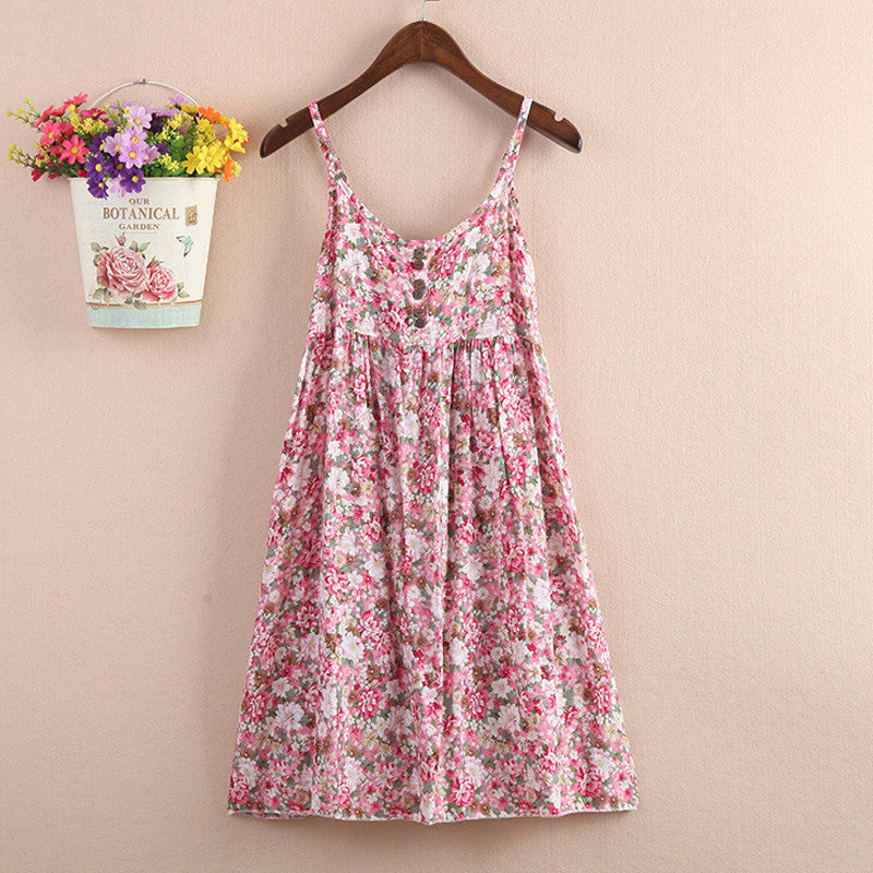 Online discount shop Australia - Bottom Cotton Dress O-Neck Sleeveless Print Mini Vestidos Women Beach Bohemian Spaghetti Strap Mori Girl Dresses