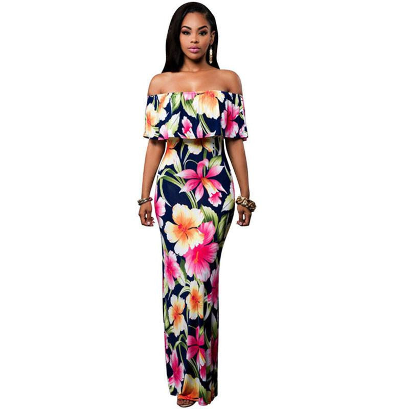 Retro Casual Beach Maxi Dress Women Summer Off the Shoulder Dresses Bandage Sleeveless Long Bodycon Ruffle Dress Robe