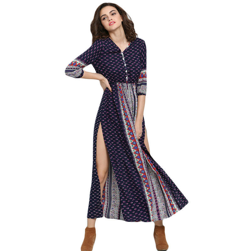 Online discount shop Australia - Bohemia Boho Print Long Beach Dresses Women Navy V Neck Half Sleeve Vintage Print Split Maxi Dress