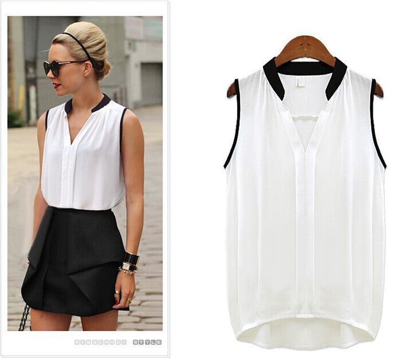 Fashion Women's V Neck Summer Chiffon Blouses Cute Sleeveless Blouse Shirts Casual Women Tops-Dollar Bargains Online Shopping Australia