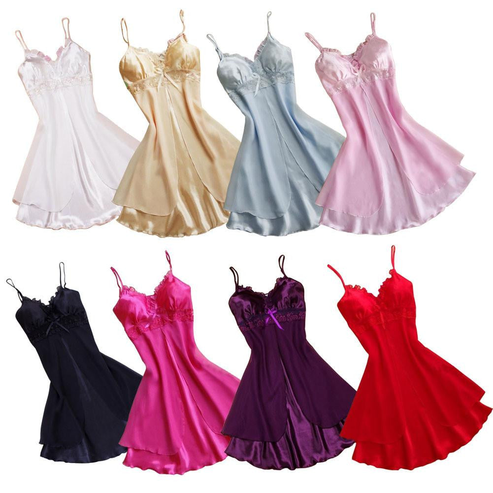 Women Lace Short Mini Braces Nightdress Smooth Satin Nightgown Pajams Sleepwear