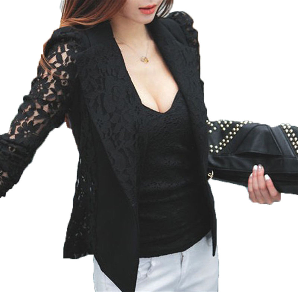 NEW Fashion Sexy Sheer Lace Patchwork Blazer Coat Lady Suit Outwear Women OL Formal Slim Jacket Black White Plus Size S-3XL-Dollar Bargains Online Shopping Australia