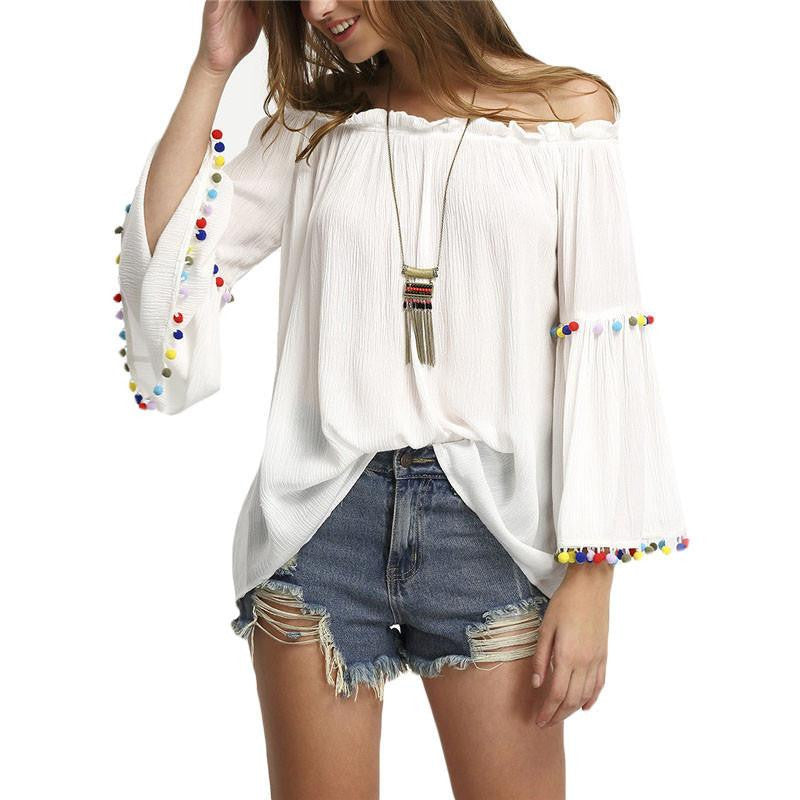 Sheinside Off The Shoulder Colored Pompom Trim Tops Ladies Flare Sleeve Shirt Women Casual Cute White Blouse