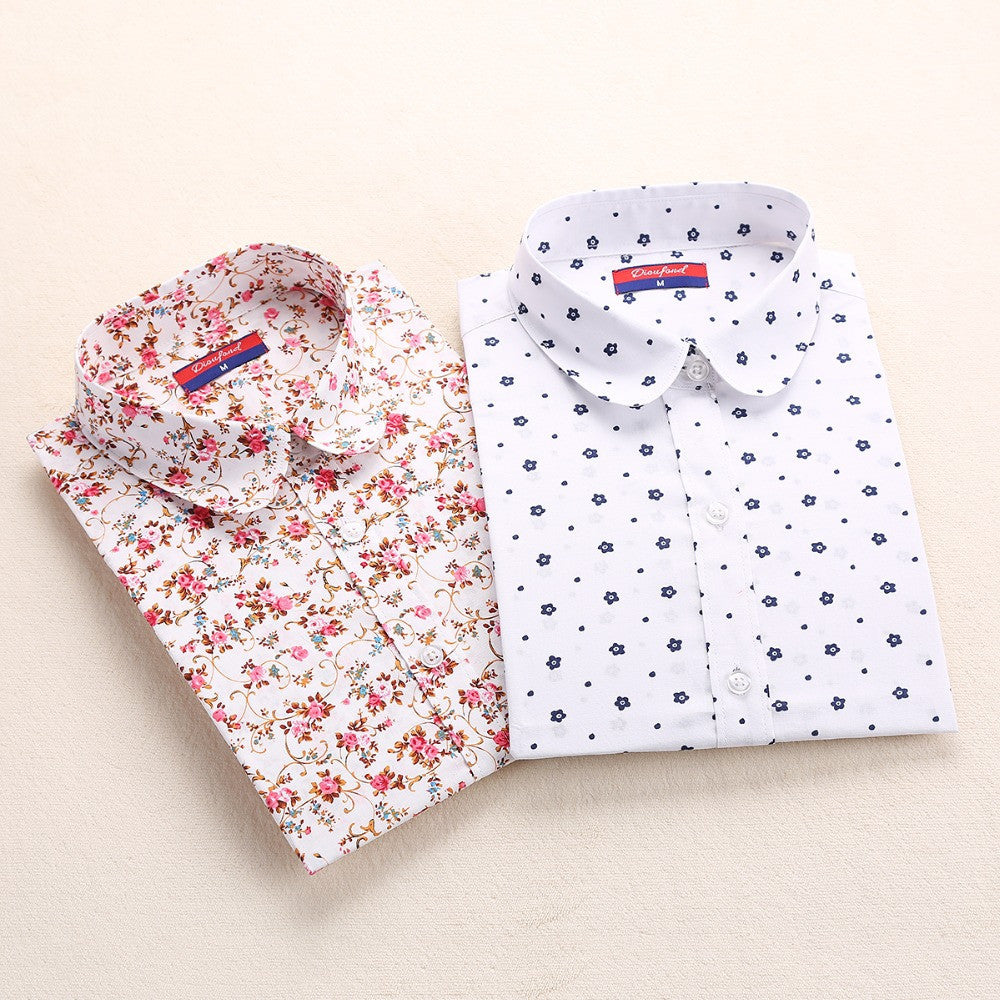 Cotton Women Vintage Shirts Turn Down Collar Shirt Long Sleeve Blouses Floral Women Tops