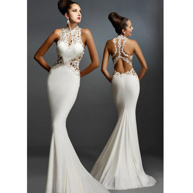 Women Maxi Dress Longo White Open Back Fine Flowers Wedding Evening Gown Formal Dresses Robe