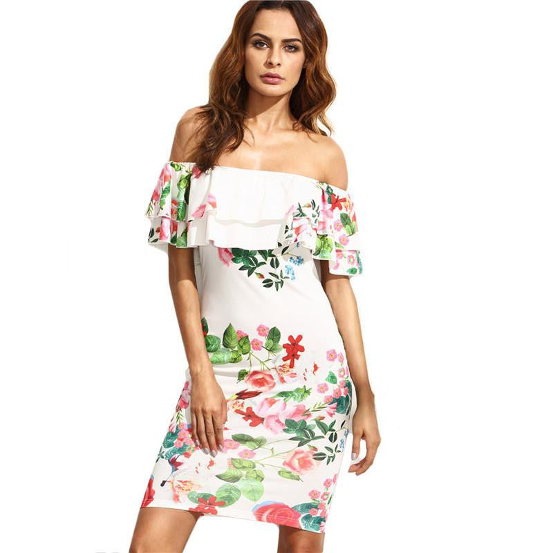 Summer Ladies Multicolor Floral Print Ruffle Off The Shoulder Sheath Half Sleeve Mini Dress