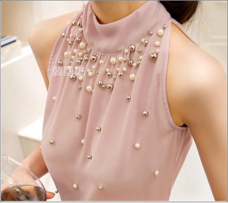 Women Beading Chiffon Blouse Korean Fashion Sleeveless Women Turtleneck Chiffon Blouse Shirt Women Top