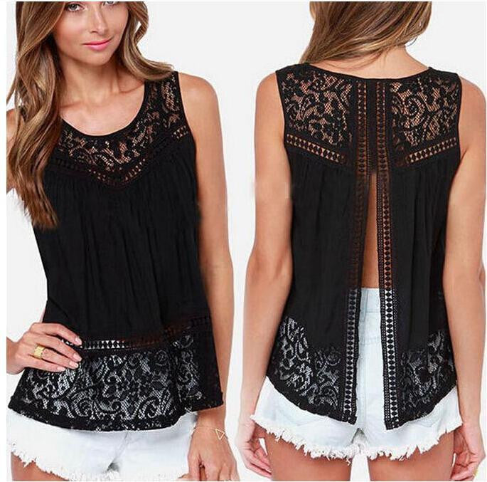 Style Woman Women Chiffon Lace Sleeveless O-neck Shirts Hollow out Solid Plus Size Tops Feminina J3135