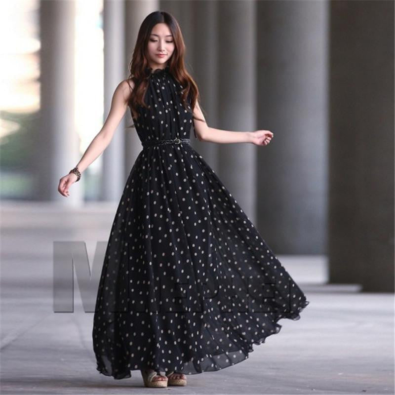 Women Polka Dots Maxi Long Dresses Casual Summer Beach Party Chiffon Dress Lady