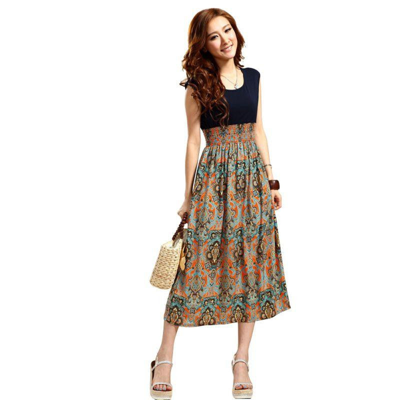 Women Casual Bohemian Dress Vintage Print Patchwork Long Summer Beach Dresses