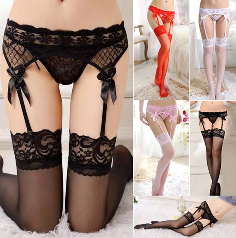 Women's Sheer Lace Top Thigh-Highs Stockings Lingerie Garter Belt Set