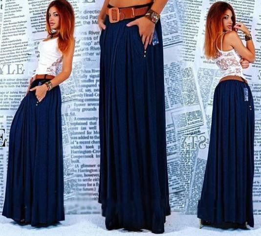 women Maxi Skirt Pleated Skirts solid blue street Clothes Casual long Skirt plus size