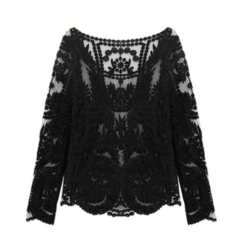 SheIn Women Lace Tops Romantic Black Tees Round Neck Long Sleeve Hollow Out Lady Crochet Sheer Plain Blouse