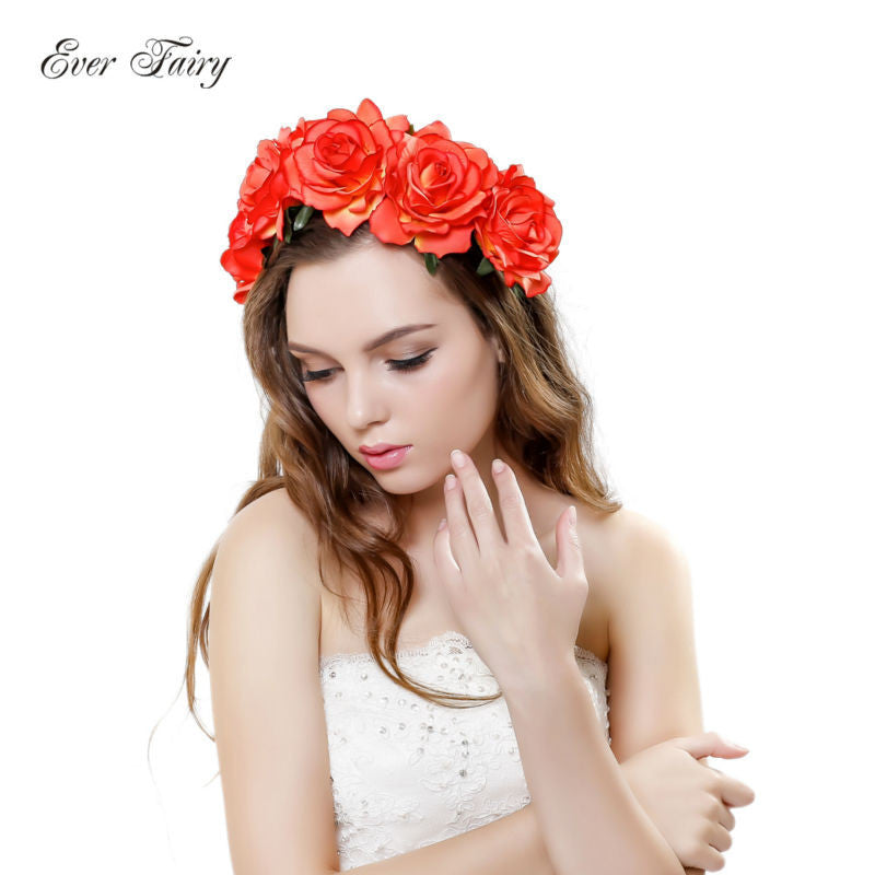 Bride women Rose Flower crown Hairband Wedding Flower Garland Headband Festival flower wreath Elastic Headdress Hair Accessories-Dollar Bargains Online Shopping Australia