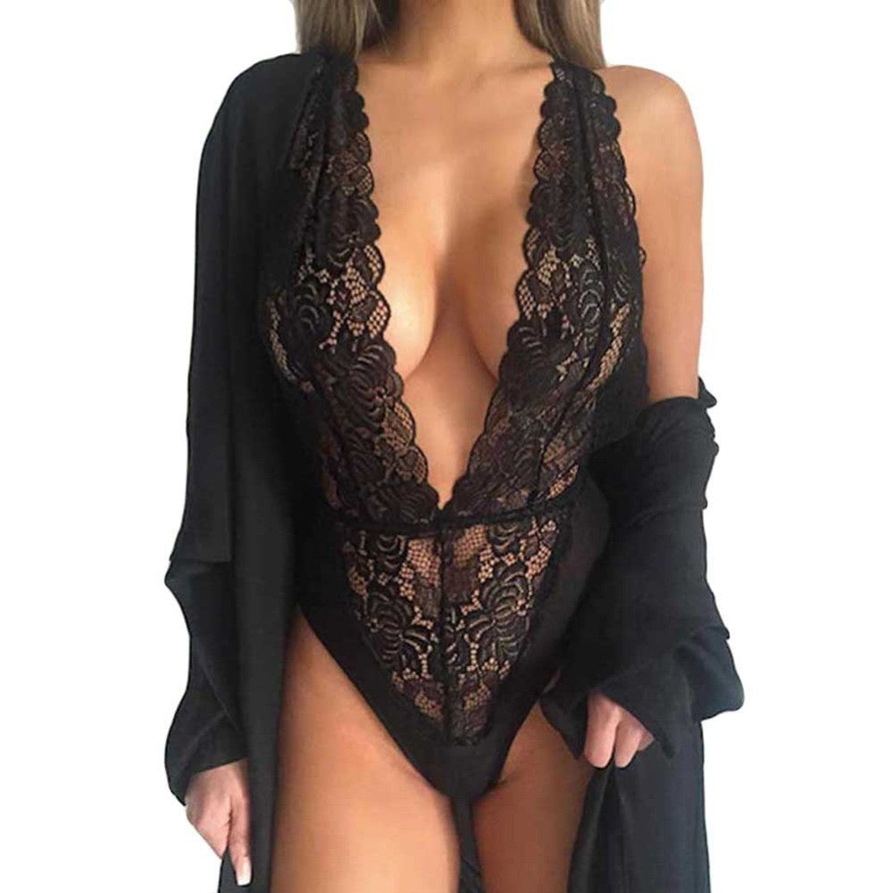 Women Deep V Neck Lace Lingerie Sleepwear Dress Underwear Babydoll Nightgown Black nightdress