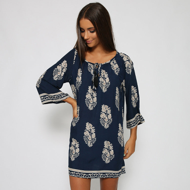 Online discount shop Australia - Fashion new women long sleeve dress leaf printed loose mini dresses summer Vintage style plus size vestidos S-XL 63#