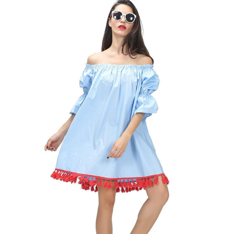 Slash Neck Flare Sleeves Splicing Tassles Hem Loose Dresses Women Bohemian Style