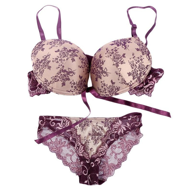 Women Lace Bras Print Underwear Push Up Plunge Lingerie Panties Briefs Bra Sets B C Cup