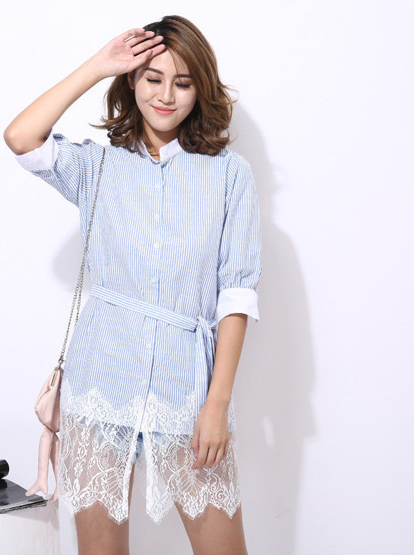 Original Lace Spliced With Sash Lace Up Loose Shirts Button Up Women Striped Dress Refresh Summer