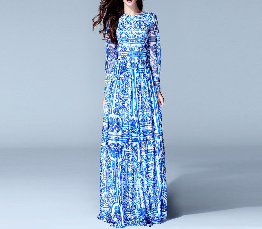 Online discount shop Australia - HIGH QUALITY New Fashion Women's Long Sleeve Vintage Blue And White Print Dress Brand Maxi Dress