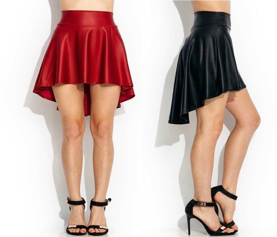 Online discount shop Australia - Faux Leather Black Sexy skirts Trendy Dance Party Casual High-Low Skater Skirt S/M/L/XL