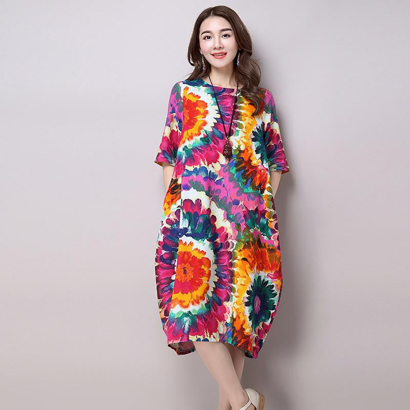 Vintage Print Loose Casual Long Dress Plus Size Women's Cotton Linen Summer Dresses H200