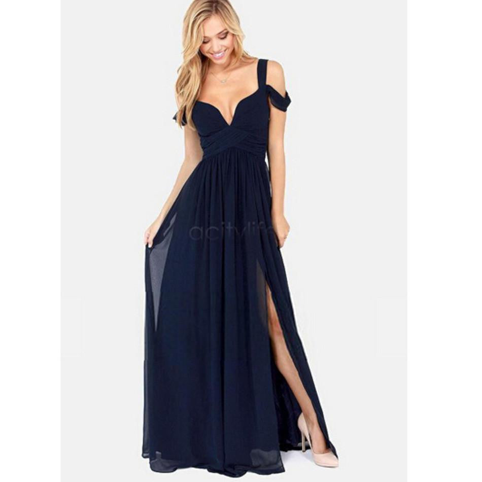 Women Casual Dress Summer Fashion Long Elegant Chiffon Dress Deep V-Neck Split Party Maxi Dress Strap