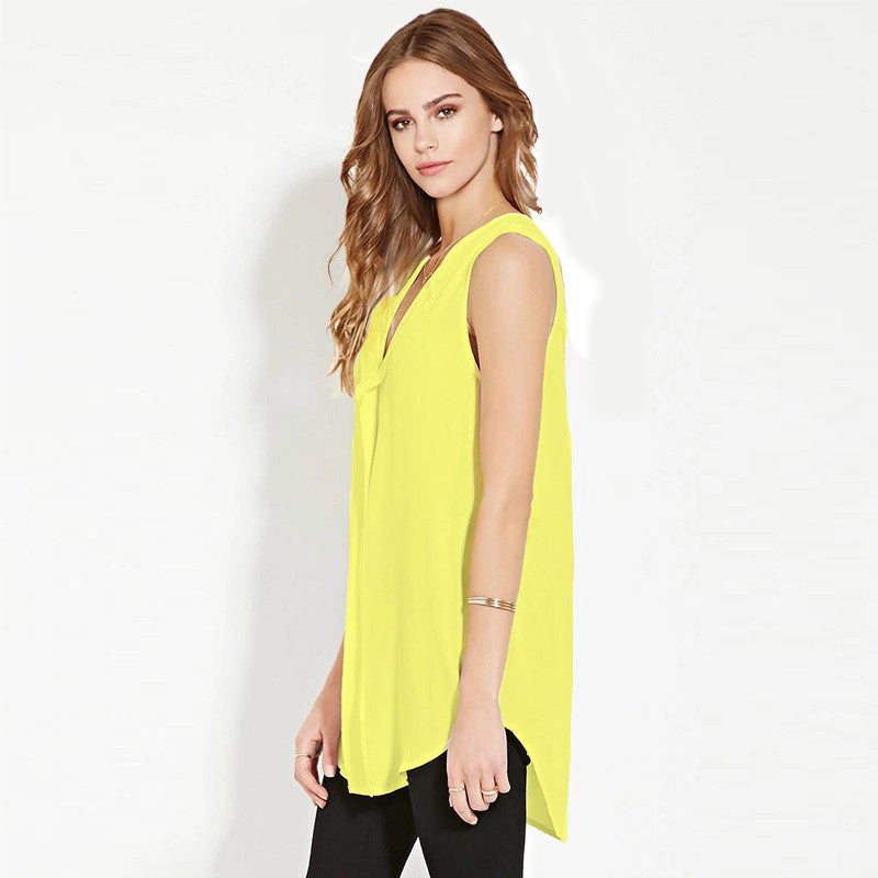 Chiffon Long Sleeveless V Neck Boyfriend Style OL Casual Women Tops tshirt 4XL 5XL