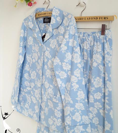 women's long-sleeve blue flower 100% cotton double faced fleece sleep set