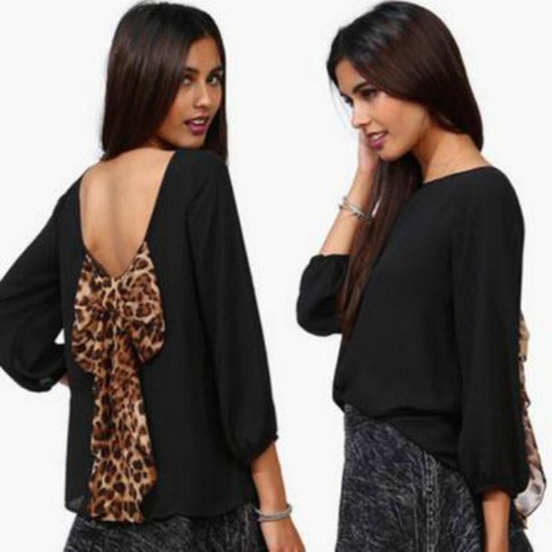 Women's Fashion Leopard Chiffon Halter Loose Shirt Tops Blouse Orange/Black/Pink/Yellow Backless Shirts 4 Colors