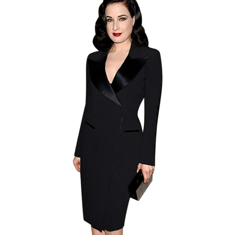 Online discount shop Australia - Fashion Women Elegant Lapel Satin Turn-down Collar Zipper Wear to Work Business Sheath Solid Pencil Office Dress Plus Size