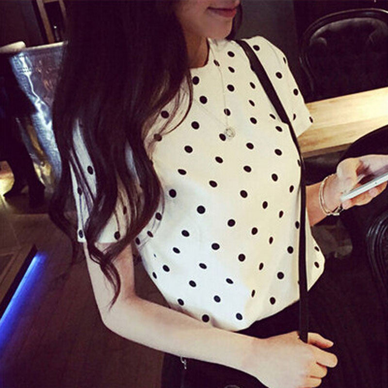 Polka Dot Print T-shirt Women Fresh Cute Style Tee shirt Round Neck Short Sleeve Cotton Women Tshirt