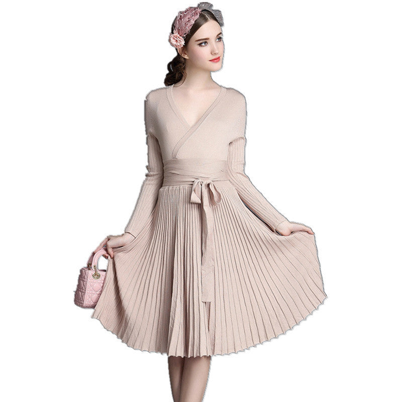 Online discount shop Australia - Autumn Women's Fashion Sweaters Dresses A-line Deep V Neck Belted Pleated Vintage Dress Long Sleeve Knitting Dress