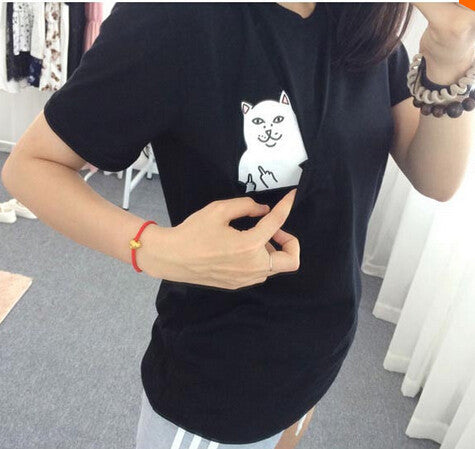 Summer Pocket Harajuku Cat Lovers Women Top Short-sleeve T shirt Sweet Style Black/White/Grey Plus Size-Dollar Bargains Online Shopping Australia