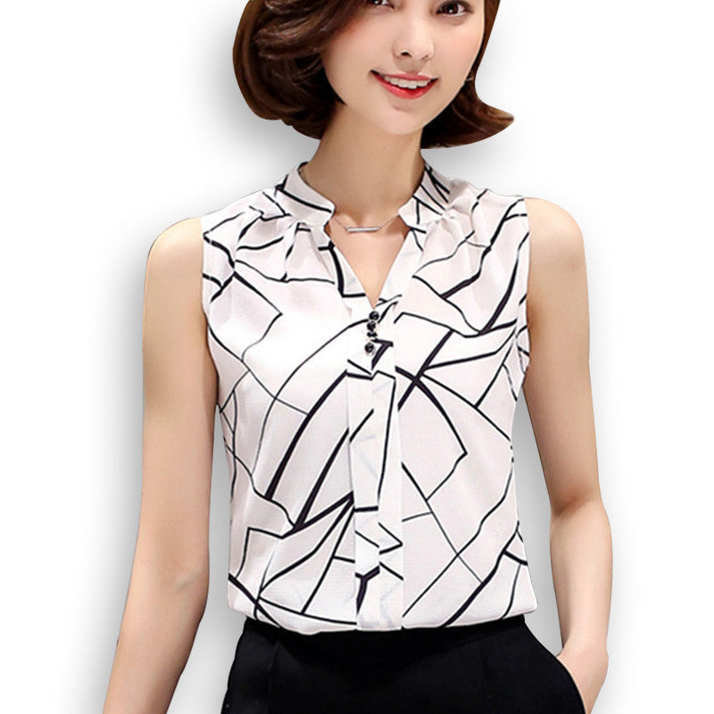 Summer Chiffon Blouse shirt Women Printed Sleeveless White top Blouses Shirts Female Office tops #A806-Dollar Bargains Online Shopping Australia