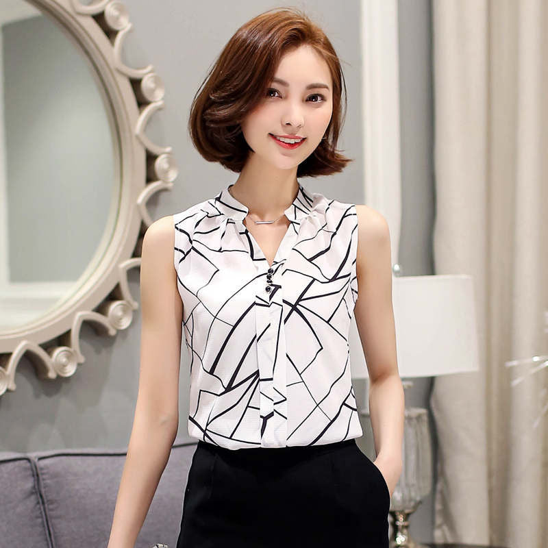 Summer Chiffon Blouse shirt Women Printed Sleeveless White top Blouses Shirts Female Office tops #A806-Dollar Bargains Online Shopping Australia