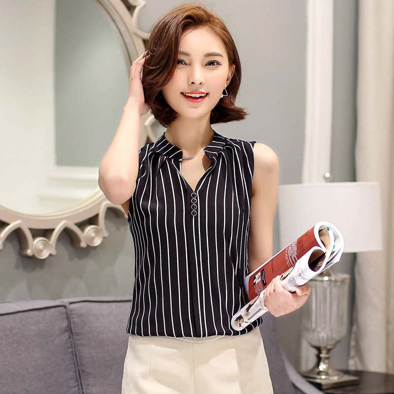 Summer Chiffon Blouse shirt Women Printed Sleeveless White top Blouses Shirts Female Office tops #A806-Dollar Bargains Online Shopping Australia