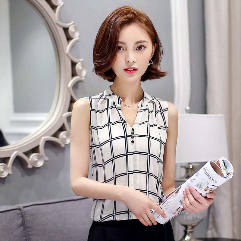 Summer Chiffon Blouse shirt Women Printed Sleeveless White top Blouses Shirts Female Office tops #A806-Dollar Bargains Online Shopping Australia