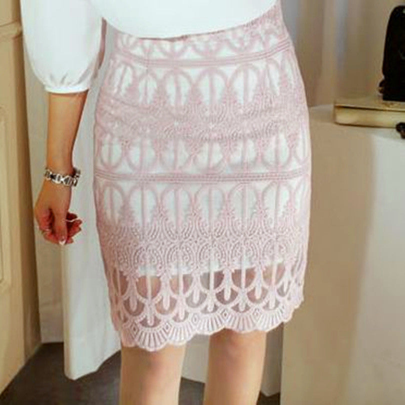 Online discount shop Australia - Lace Skirt Fashion Elegant Hollow Out Slim Package Hip High Waist Pencil Skirt Black White Pink