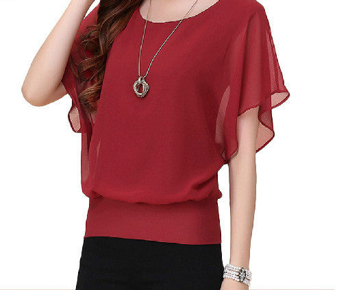 Womens Tops Fashion Women Summer Chiffon Blouse Plus Size Ruffle Batwing Short Sleeve Casual Shirt Black White Red Blue-Dollar Bargains Online Shopping Australia